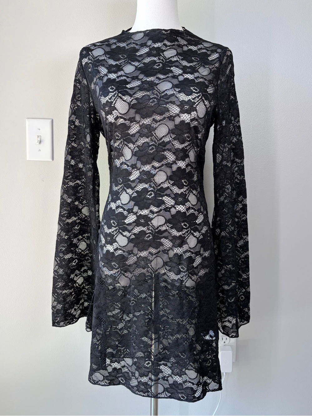 VICI Black All Lace Bell Sleeve Mini Dress Dark Feminine Whimsigoth Layering
